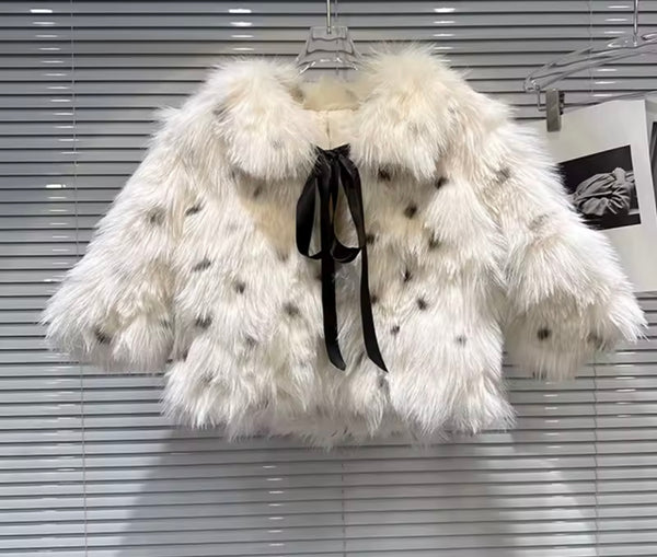 Women Fashion Polka Dot Tie Up Faux Fur Crop Jacket