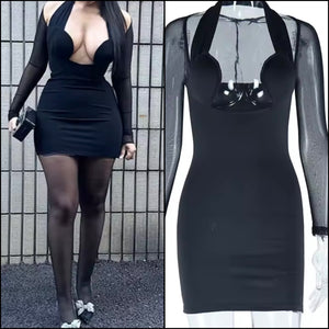 Women Black Halter Mesh Full Sleeve Sexy Dress