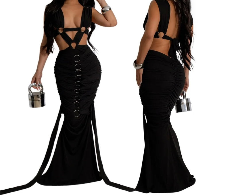 Women Sexy Sleeveless Mesh Lace Up Open Back Maxi Dress