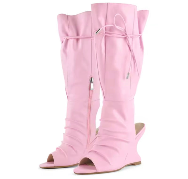 Women Fashion Open Toe Ruched Wedge Knee High Boots