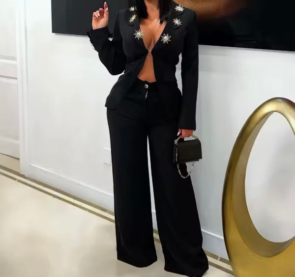 Women Embellished Full Sleeve Blazer Two Piece Pant Set