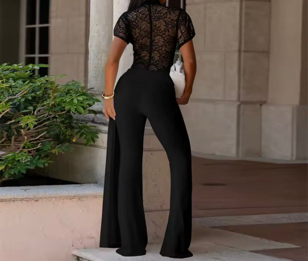 Women Lace Patchwork Short Sleeve Jumpsuit