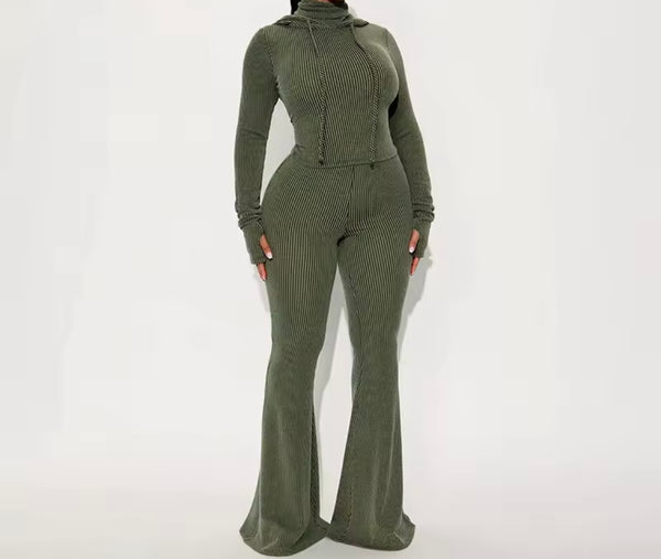 Women Fashion Hooded Ribbed Full Sleeve Two Piece Pant Set