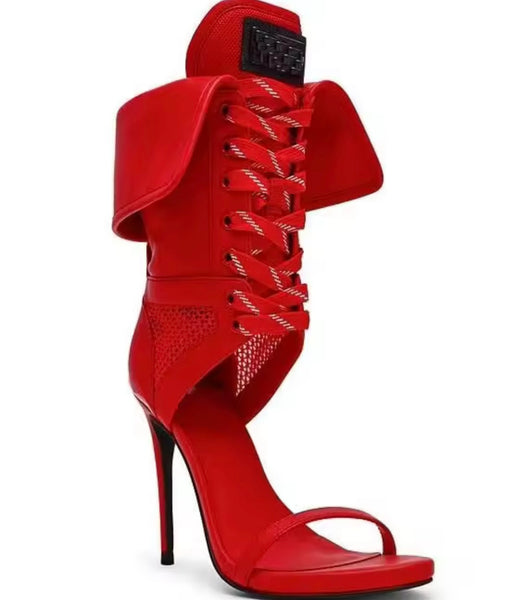 Women Red Fashion Open Toe Tie Up Ankle Boots