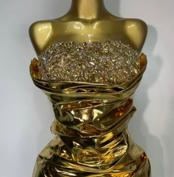 Women Sexy Strapless Gold Metallic Bling Ruched Dress