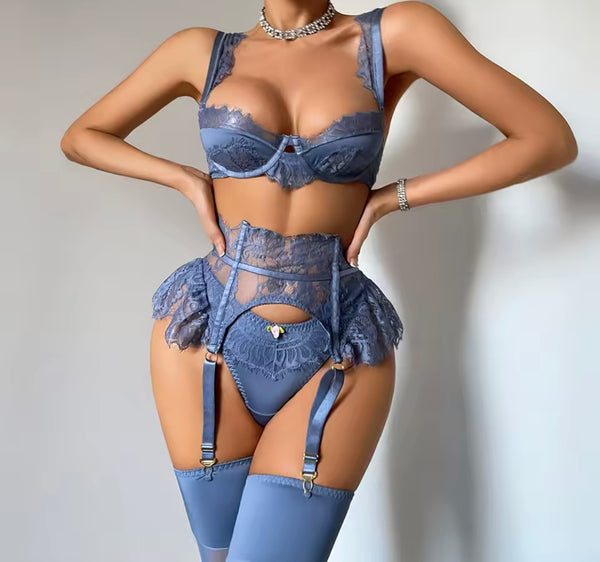 Women Sexy Blue Lace Lingerie Set