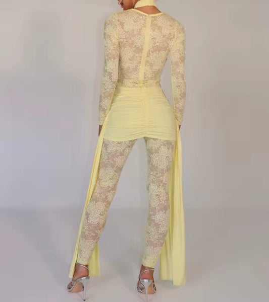 Women Sexy Full Sleeve Color Lace Ribbon Jumpsuit