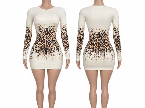 Women Sexy Leopard Print Patchwork Full Sleeve Dress