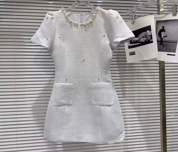 Women Pearl Rhinestone Short Sleeve Tweed Dress