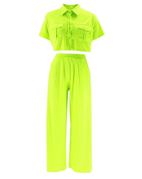 Women Button Up Short Sleeve Fashion Two Piece Pant Set
