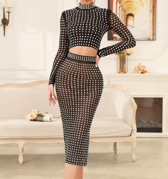 Women Sexy Black Bling Mesh Full Sleeve Crop Two Piece Maxi Skirt Set