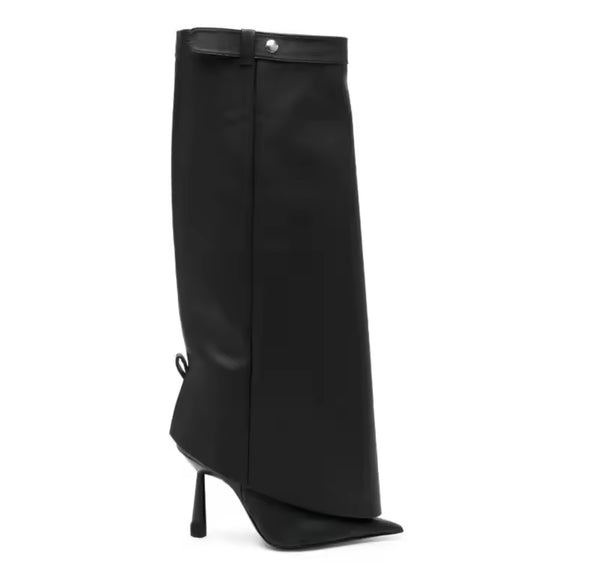 Women Black Pointed Toe Buckled Faux Leather Knee High Boots