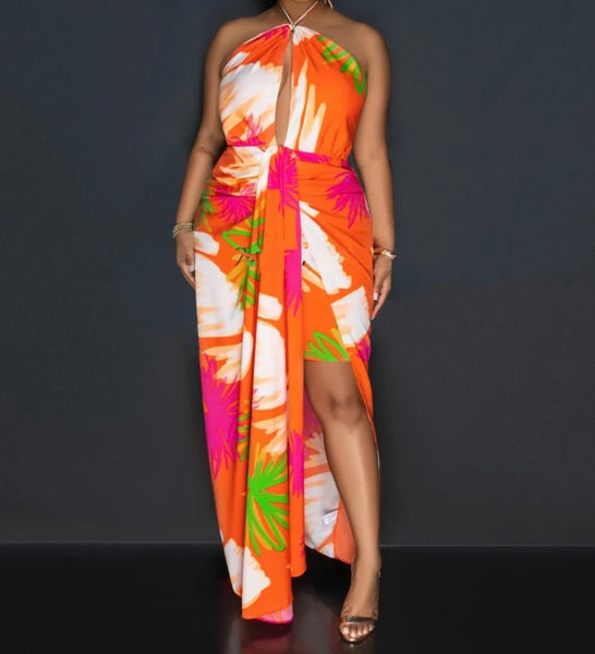 Women Sexy Sleeveless Colorful Print Asymmetrical Dress