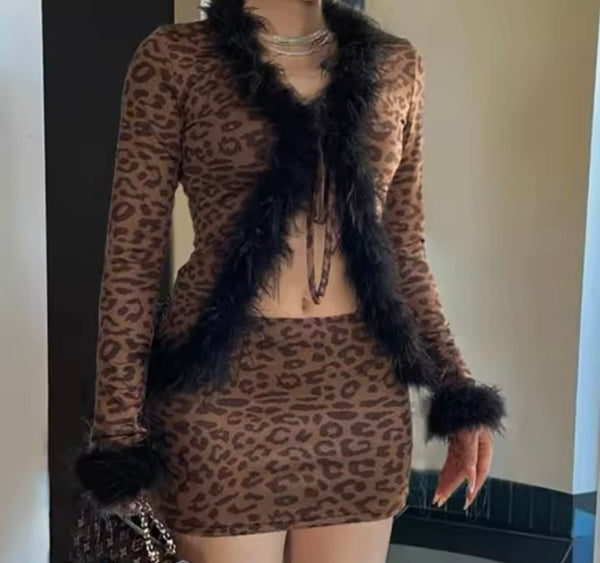 Women Sexy Fur Patchwork Leopard Two Piece Skirt Set