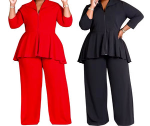 Women Color Ruffled Zip Up Full Sleeve Two Piece Plus Size Pant Set