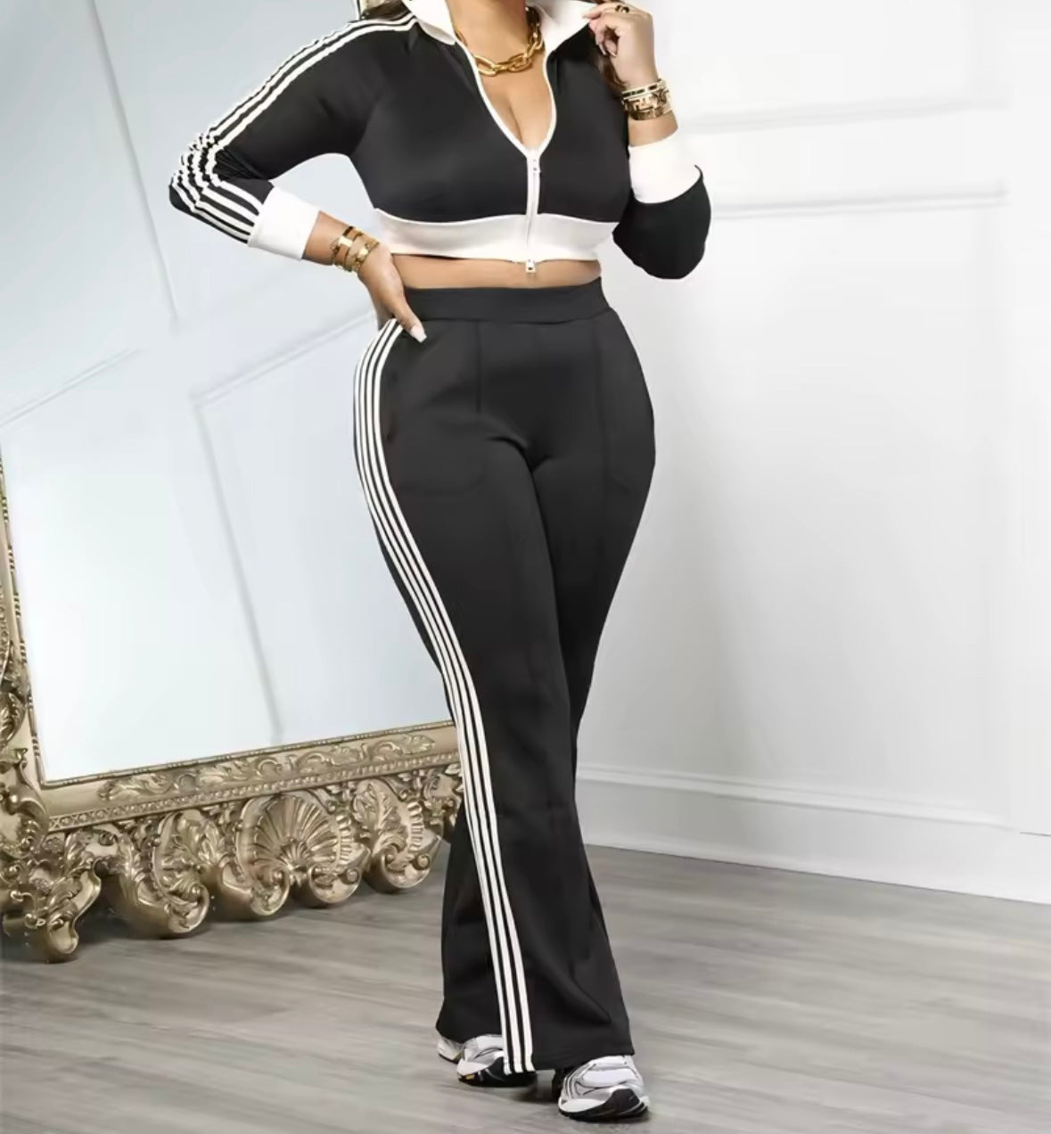 Women Color Fashion Full Sleeve Striped Tracksuit Two Piece Pant Set