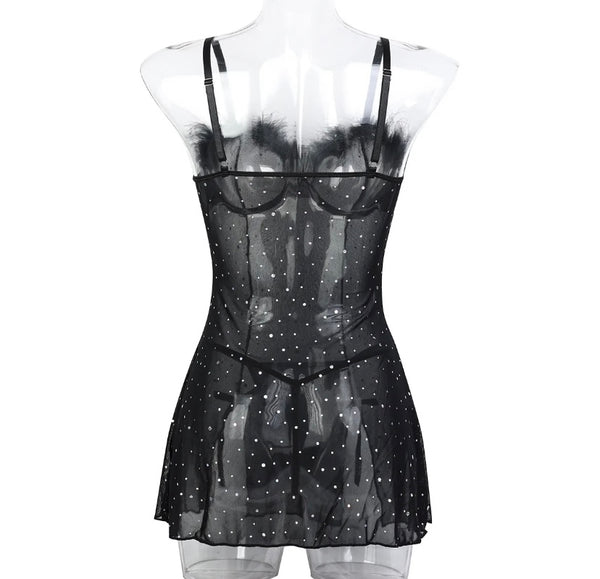 Women Black Bling Mesh Sexy Sleeveless Nightgown Lingerie Set