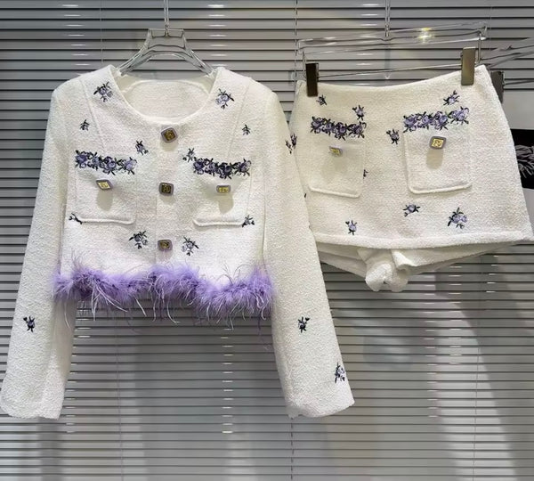 Women White Purple Printed Faux Fur Patchwork Two Piece Wrap Short Set