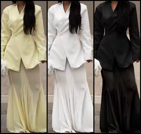Women Sexy Full Sleeve Blazer Two Piece Mesh Maxi Skirt Set
