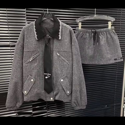 Women Gray Tie Fashion Jacket Two Piece Skirt Set