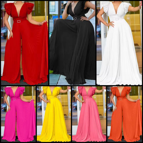 Women Color Short Sleeve Sexy Pleated Jumpsuit