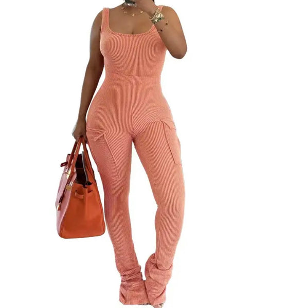 Women Sexy Sleeveless Ribbed Bodysuit Two Piece Pant Set