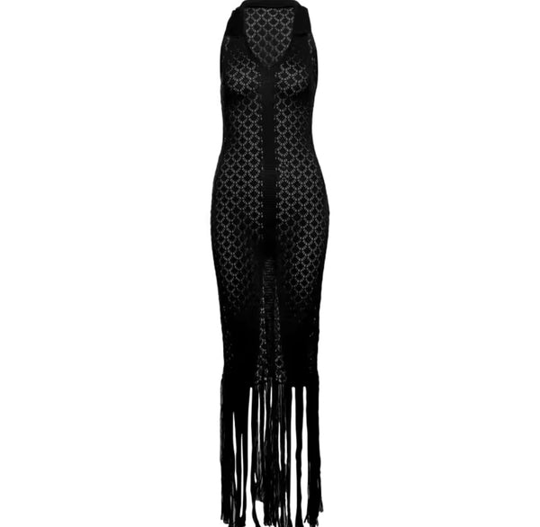 Women Sexy Halter Sleeveless Knitted Tassel Maxi Dress