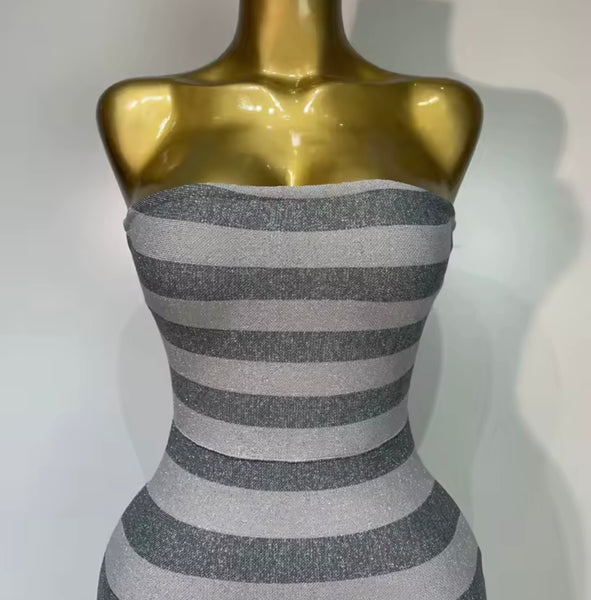 Women Sexy Strapless Gray Striped Bandage Maxi Dress