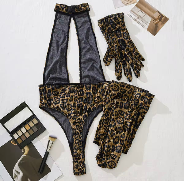 Women Sexy Halter Sleeveless Leopard Print Bodysuit Lingerie Set