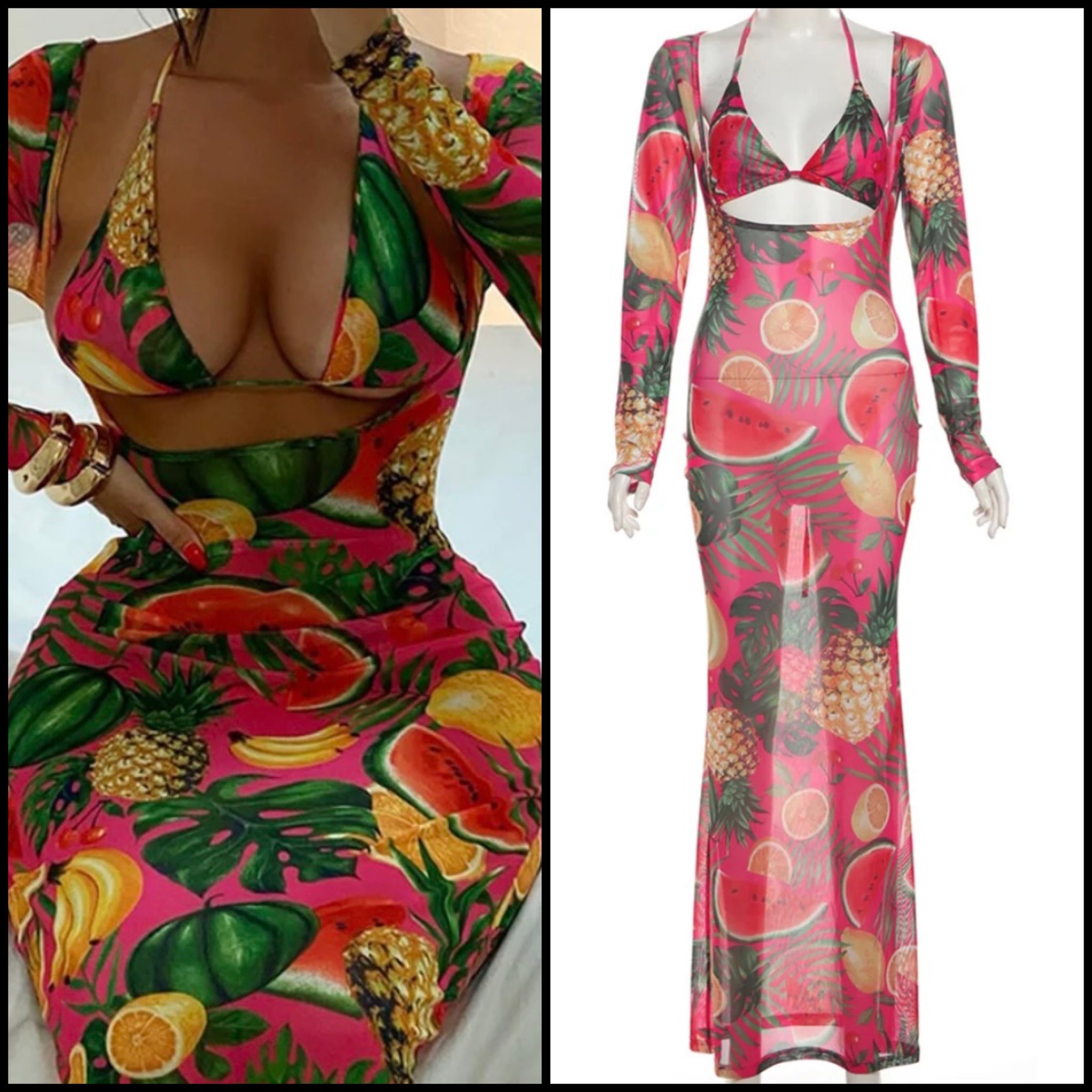 Women Sexy Printed Mesh Bra Maxi Dress Set