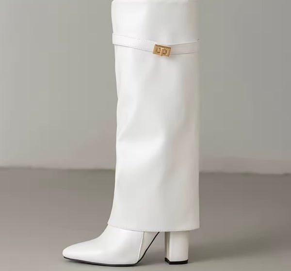 Women Pointed Toe Buckled Fashion Faux Leather Knee High Boots