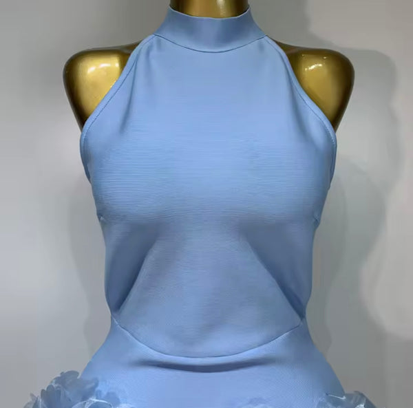 Women Sexy Blue Halter Sleeveless Floral Dress