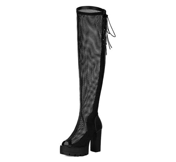 Women Fashion Black Open Toe Platform Over The Knee Boots