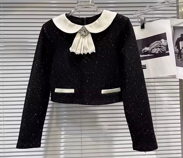 Women Fashion B&W Chain Belted Ruffle Two Piece Skirt Set
