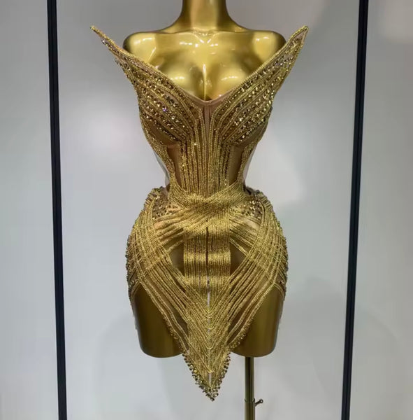 Women Sexy Strapless Rhinestone Mesh Lace Up Dress