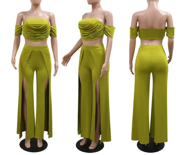Women Sexy Off The Shoulder Short Sleeve Front Split Two Piece Pant Set