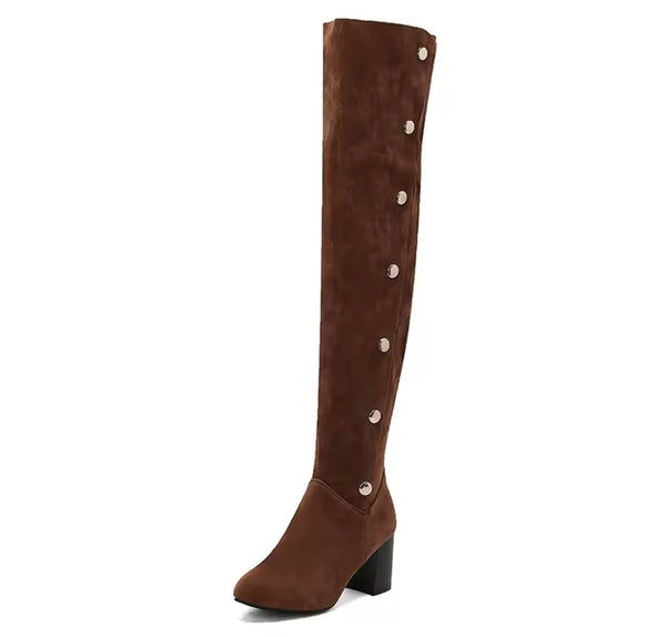 Women Color Suede Button Fashion Over The Knee Boots
