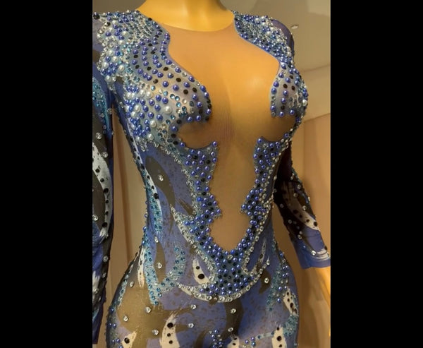 Women Sexy Color Patchwork Beaded Bling Full Sleeve Jumpsuit