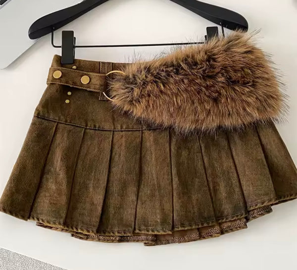 Women Color Fashion Fur Buckle Pleated Denim Skirt