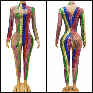 Women Sexy Fashion Multicolored Mirror Full Sleeve Mesh Jumpsuit