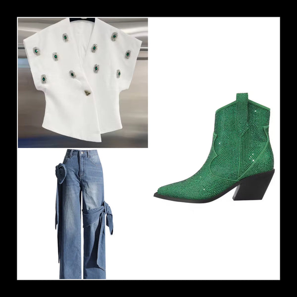 Women Short Sleeve Green Crystal Asymmetrical Top