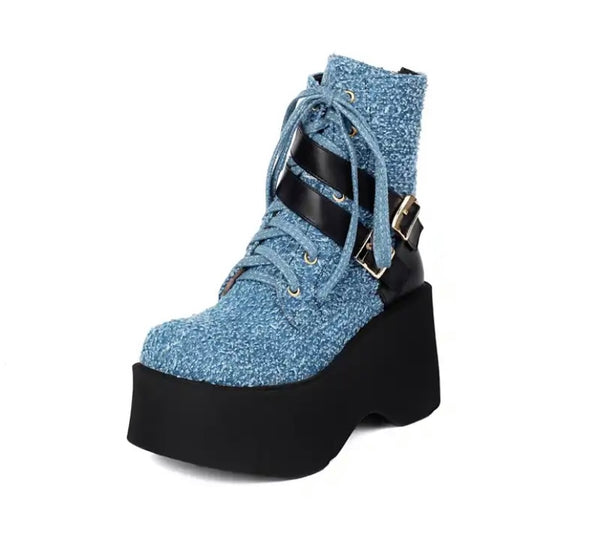 Women Fashion Color Patchwork Buckled Platform Ankle Boots
