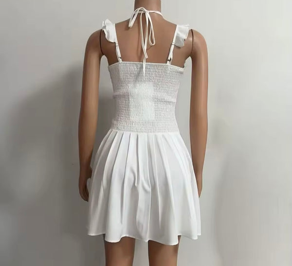 Women White Ruffled Sleeveless Sexy Dress
