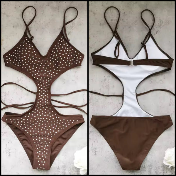 Women Brown Bling Sexy Cut Out Swimsuit