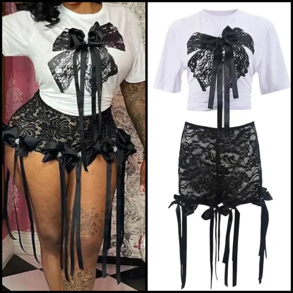 Women Sexy Fashion Short Sleeve Bow Lace Two Piece Short Set