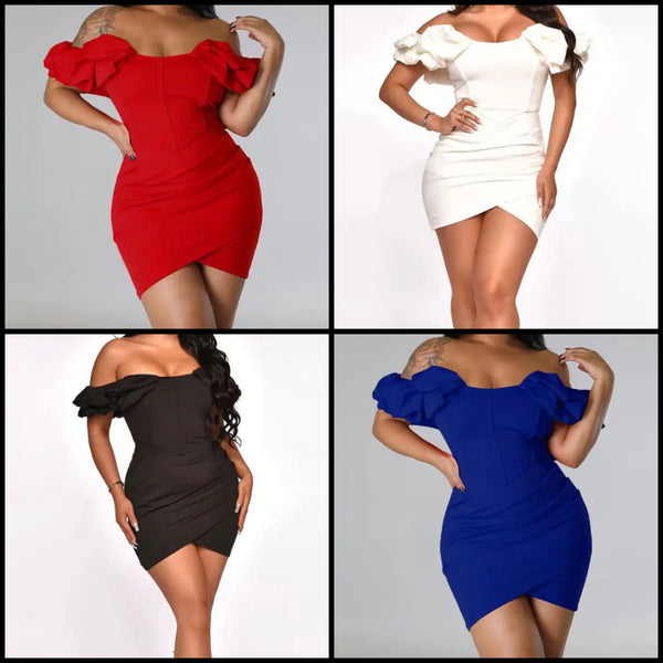 Women Sexy Ruffled Off The Shoulder Short Sleeve Dress