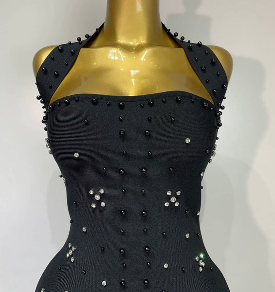 Women Sexy Halter Sleeveless Beaded Rhinestone Maxi Dress