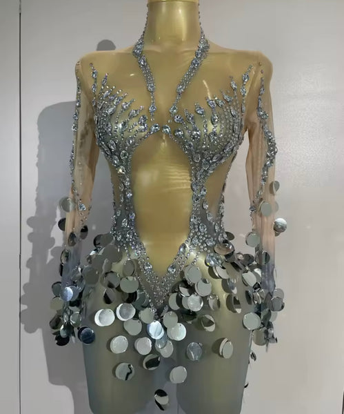 Women Silver Sequins Rhinestone Full Sleeve Mesh Maxi Dress