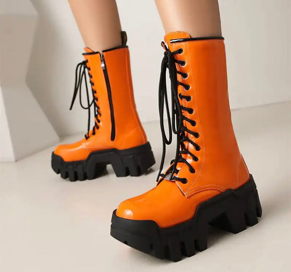 Women Fashion Color Patent Leather Lace Up Boots
