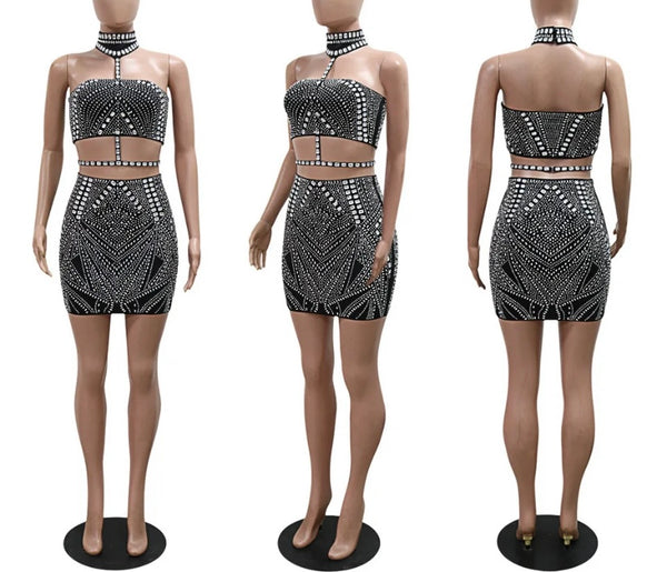 Women Sexy Choker Sleeveless Bling Mesh Two Piece Skirt Set